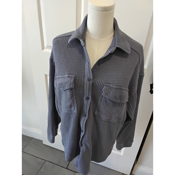 aerie Tops - Aerie Waffle Knit Button Down Shirt Gray Thermal Oversized Shacket Womens XS